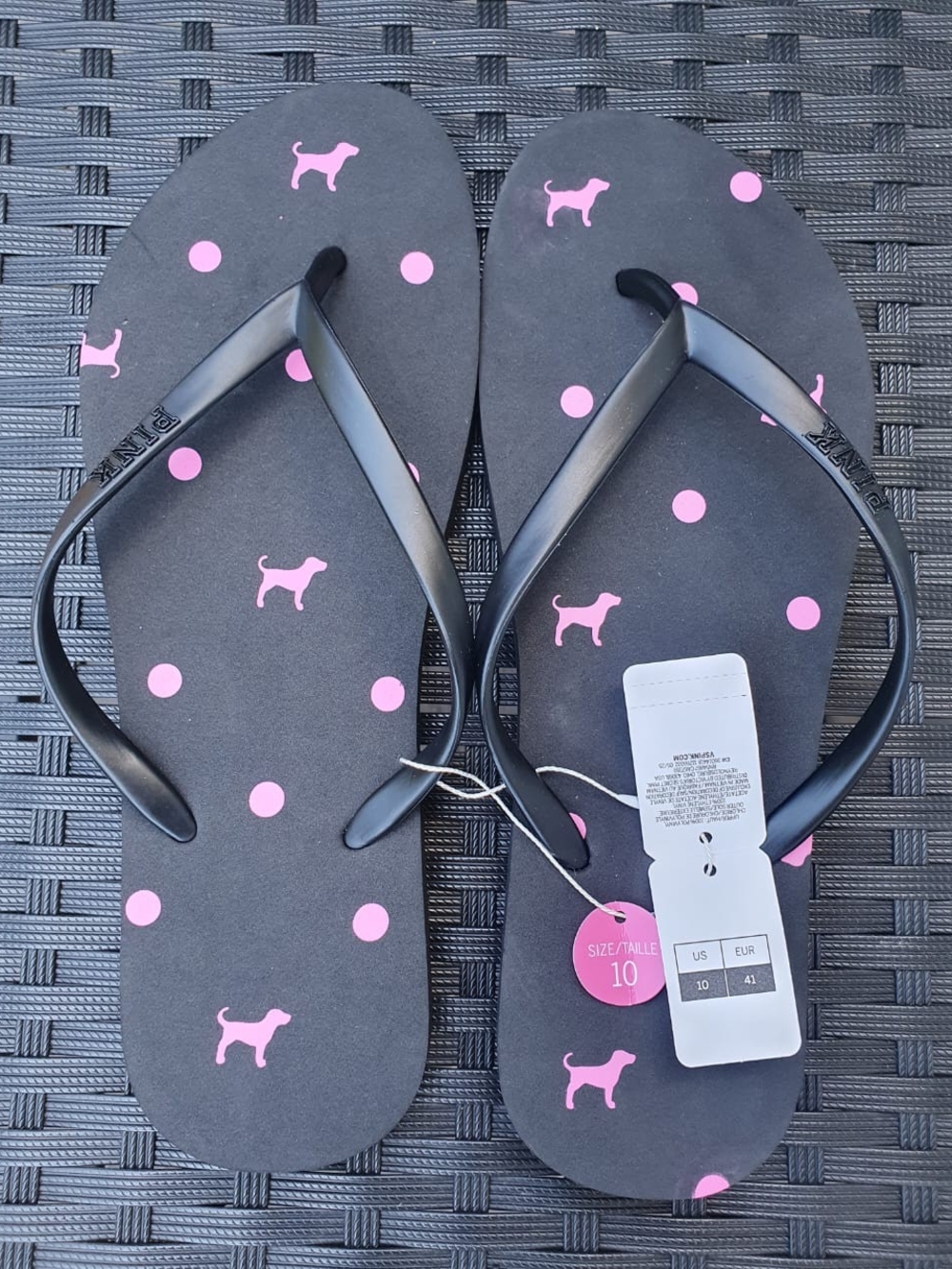 PINK Victoria's Secret Black Flip Flops with Pink Polka Dots